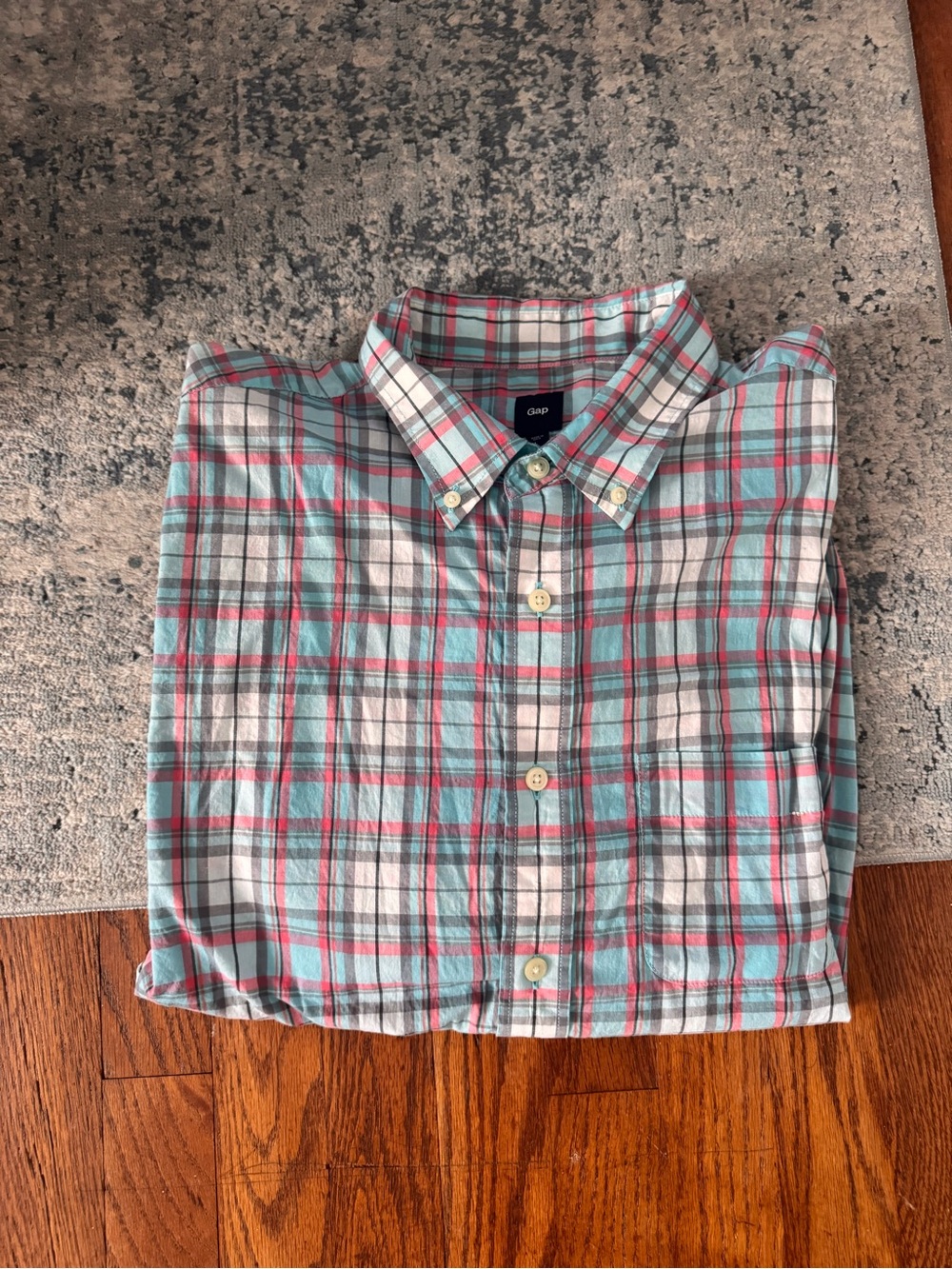 GAP Men’s Plaid Button-Down Shirt in Light Blue and Pink
